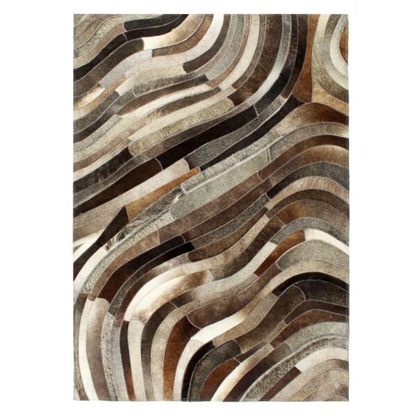 vidaXL Tapis &agrave; poils Cuir v&eacute;ritable Patchwork 160x230 cm Gris/Argent&eacute;