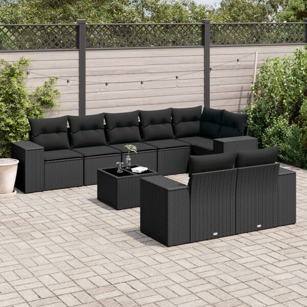vidaXL Salon de jardin 9 pcs avec coussins noir r&eacute;sine tress&eacute;e