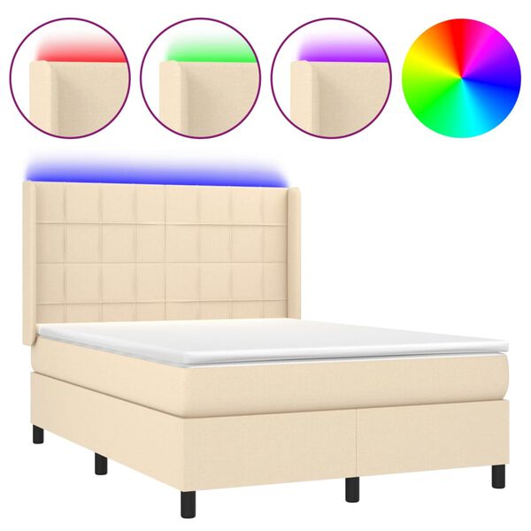 vidaXL Sommier &agrave; lattes de lit matelas et LED Cr&egrave;me 140x200 cm Tissu