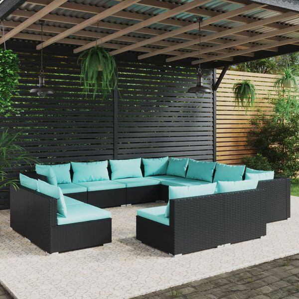 vidaXL Salon de jardin 11 pcs avec coussins Noir R&eacute;sine tress&eacute;e