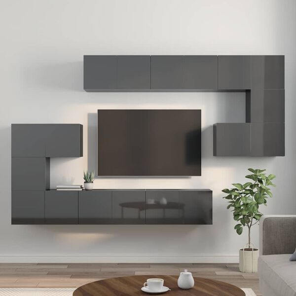 vidaXL Ensemble de meuble TV 10 pcs Gris brillant Bois d'ing&eacute;nierie