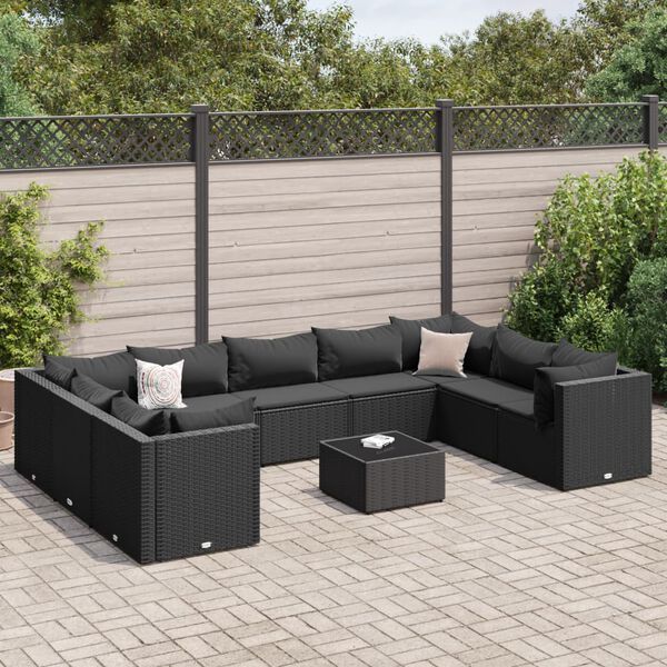 vidaXL Salon de jardin 10 pcs avec coussins noir r&eacute;sine tress&eacute;e