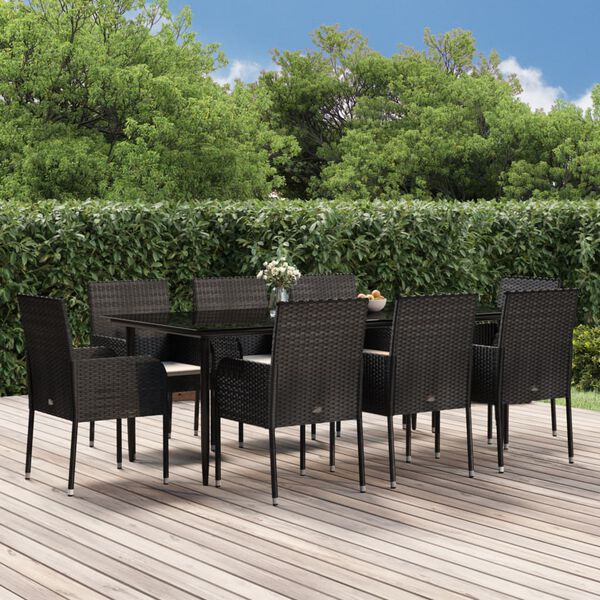 vidaXL Ensemble &agrave; manger jardin 9pcs et coussins noir r&eacute;sine tress&eacute;e