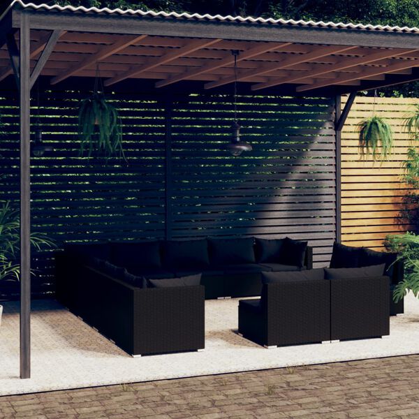 vidaXL Salon de jardin 13 pcs avec coussins Noir R&eacute;sine tress&eacute;e