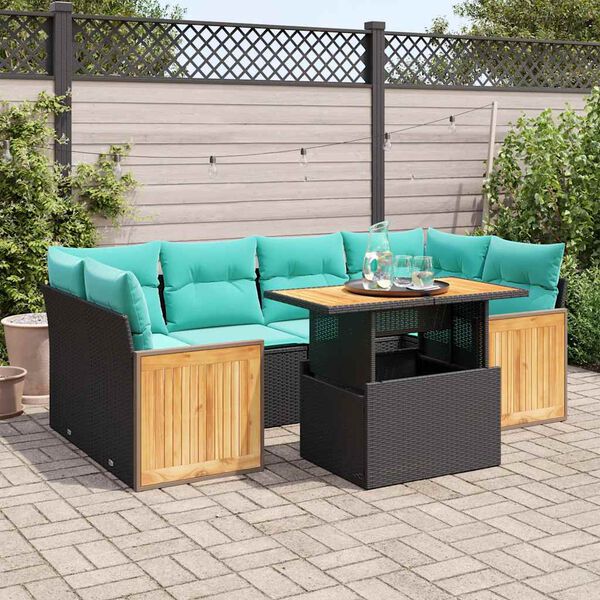 vidaXL Salon de jardin avec coussins 7 pcs noir r&eacute;sine tress&eacute;e acacia