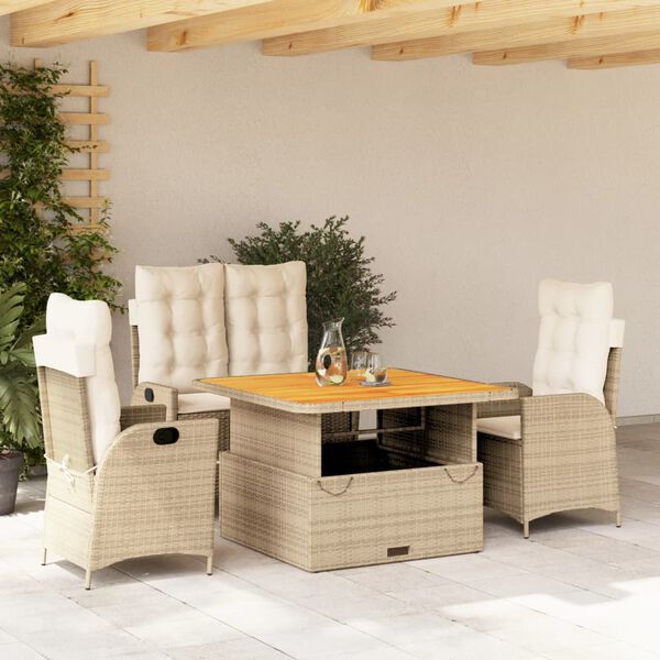 vidaXL Ensemble &agrave; manger de jardin coussins 4 pcs beige r&eacute;sine tress&eacute;e