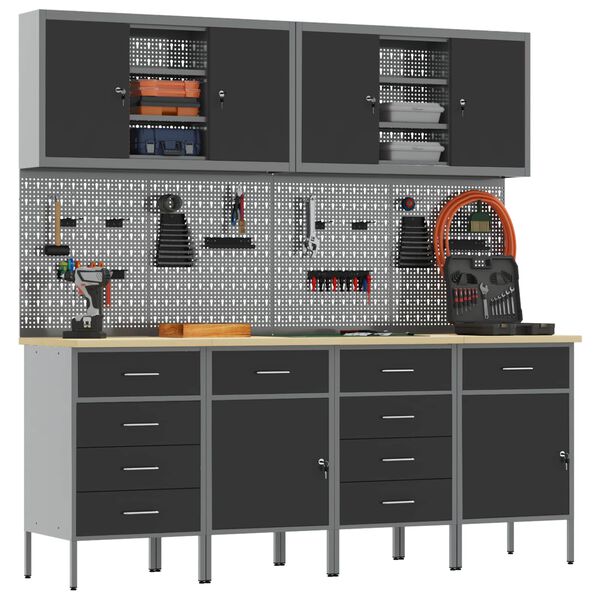 vidaXL Placard de travail 10 pcs Noir Bois d'ing&eacute;nierie et acier
