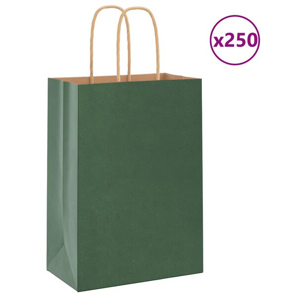vidaXL Sacs en papier 250 pcs avec poign&eacute;es vert 15x8x21 cm