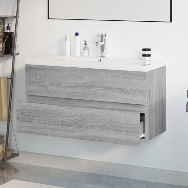 vidaXL Meuble lavabo avec bassin int&eacute;gr&eacute; Sonoma gris Bois d'ing&eacute;nierie