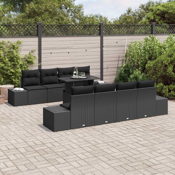 vidaXL Ensemble de canap&eacute; de jardin avec coussin 9 pcs Noir polyrotin