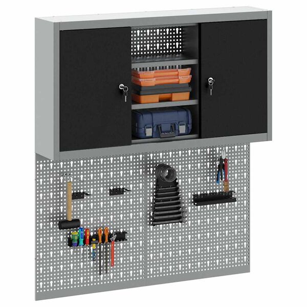 vidaXL Set de Cabinet d'Outils et Pegboard avec étagère 3 pcs Noir