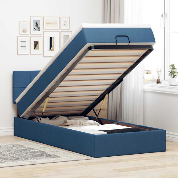 vidaXL Lit ottoman avec matelas et LED Bleu 90x200 cm Tissu