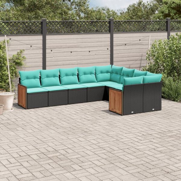 vidaXL Salon de jardin 9 pcs avec coussins noir r&eacute;sine tress&eacute;e