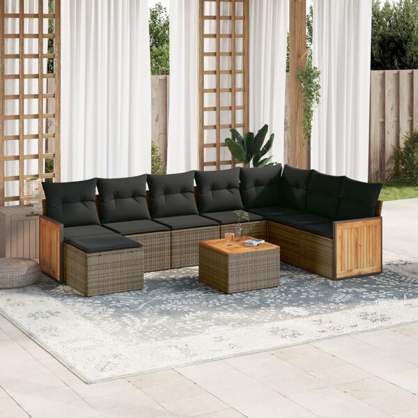 vidaXL Salon de jardin 9 pcs avec coussins gris résine tressée