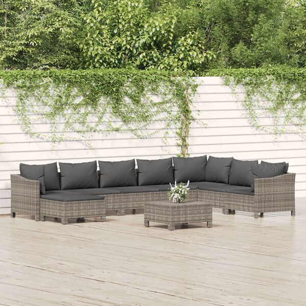 vidaXL Salon de jardin 9 pcs avec coussins Gris R&eacute;sine tress&eacute;e
