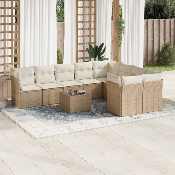 vidaXL Salon de jardin avec coussins 10 pcs beige r&eacute;sine tress&eacute;e
