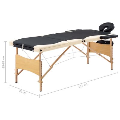 vidaXL Table de massage pliable 3 zones Bois Noir et beige