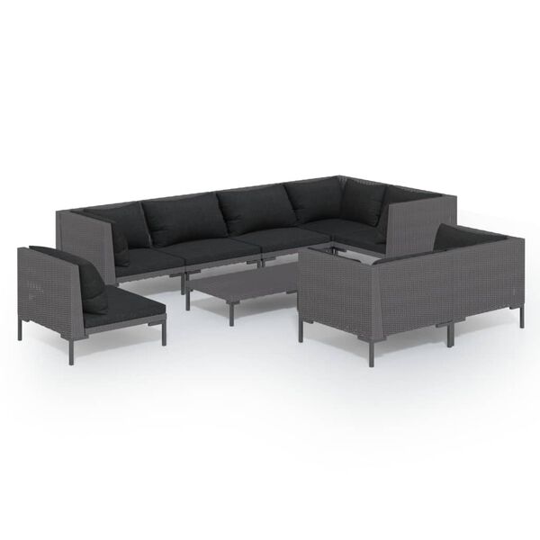 vidaXL Salon de jardin 9 pcs avec coussins R&eacute;sine tress&eacute;e Gris fonc&eacute;