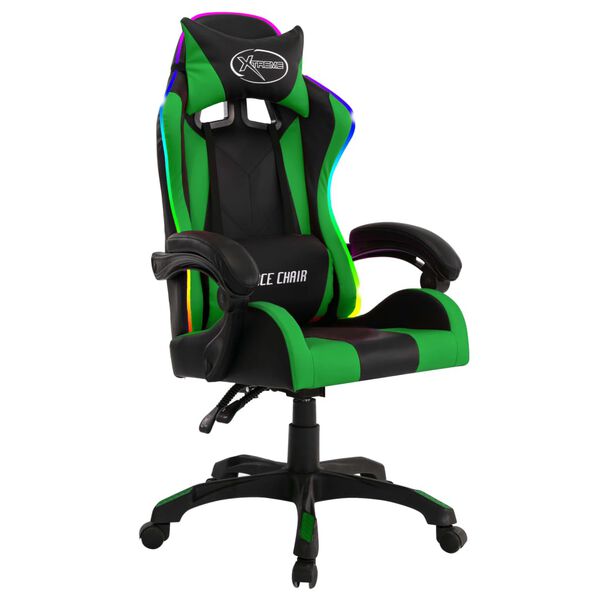vidaXL Fauteuil de jeux vidéo avec LED RVB Vert et noir Similicuir