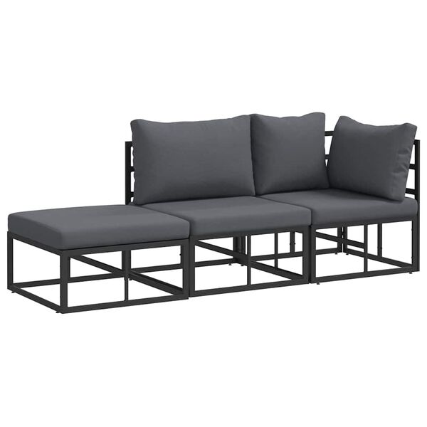 vidaXL Ensemble de canapé de jardin avec coussin 3 pcs Noir Aluminium