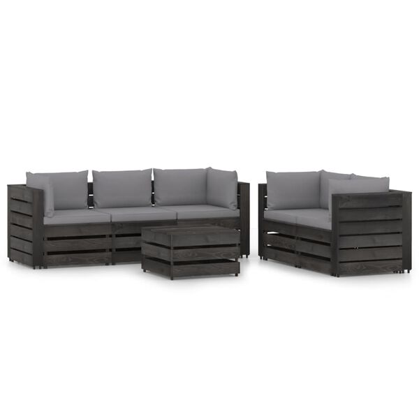 vidaXL Salon de jardin 6 pcs avec coussins Bois impr&eacute;gn&eacute; de gris