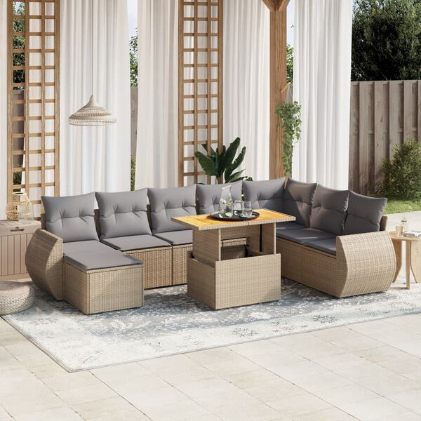 vidaXL Salon de jardin avec coussins 9 pcs beige r&eacute;sine tress&eacute;e
