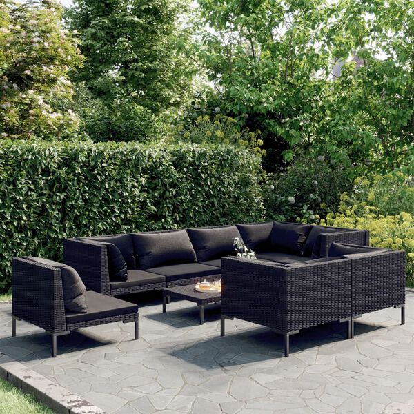 vidaXL Salon de jardin 9 pcs avec coussins R&eacute;sine tress&eacute;e Gris fonc&eacute;