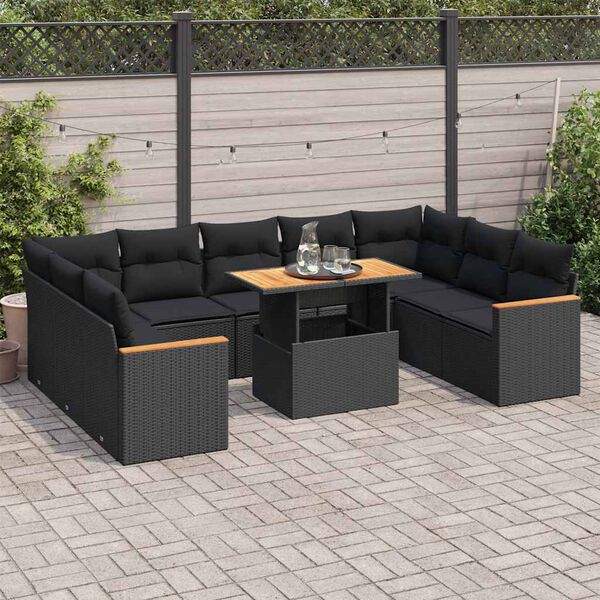 vidaXL Salon de jardin 10 pcs avec coussins noir résine tressée acacia