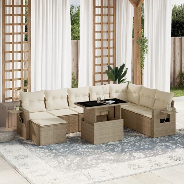 vidaXL Salon de jardin avec coussins 9 pcs beige r&eacute;sine tress&eacute;e