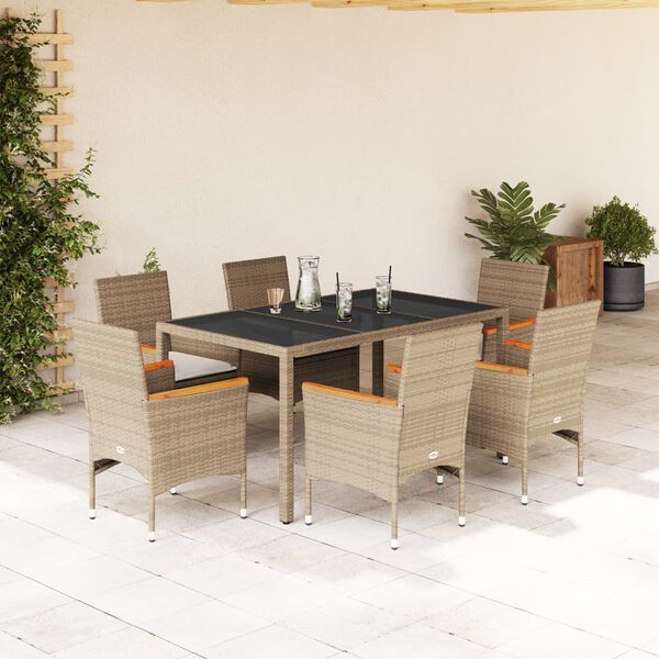 vidaXL Ensemble &agrave; manger de jardin et coussins 7 pcs beige rotin verre