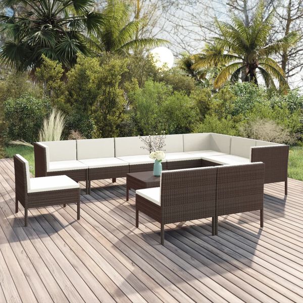 vidaXL Salon de jardin 11 pcs avec coussins R&eacute;sine tress&eacute;e Marron