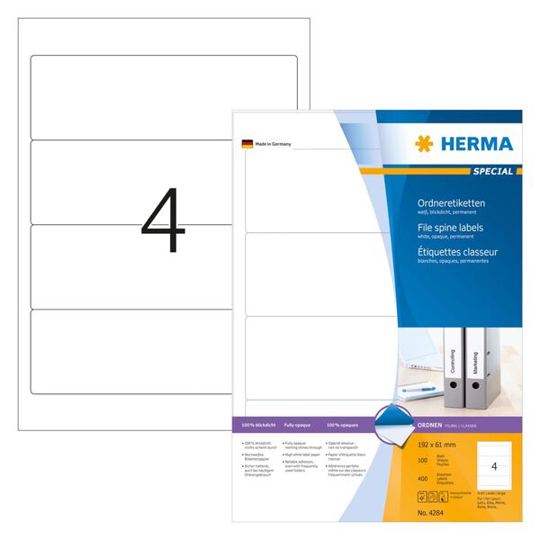 HERMA &Eacute;tiquettes permanentes LAF A4 192x61mm 100 Feuilles Blanc Opaque