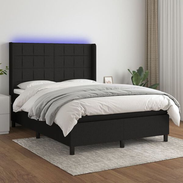 vidaXL Sommier &agrave; lattes de lit matelas et LED Noir 140x190 cm Tissu