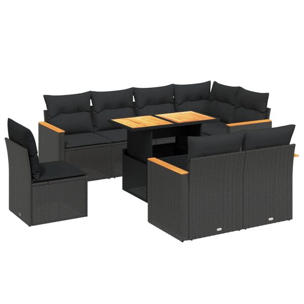 vidaXL Salon de jardin 9 pcs avec coussins noir r&eacute;sine tress&eacute;e