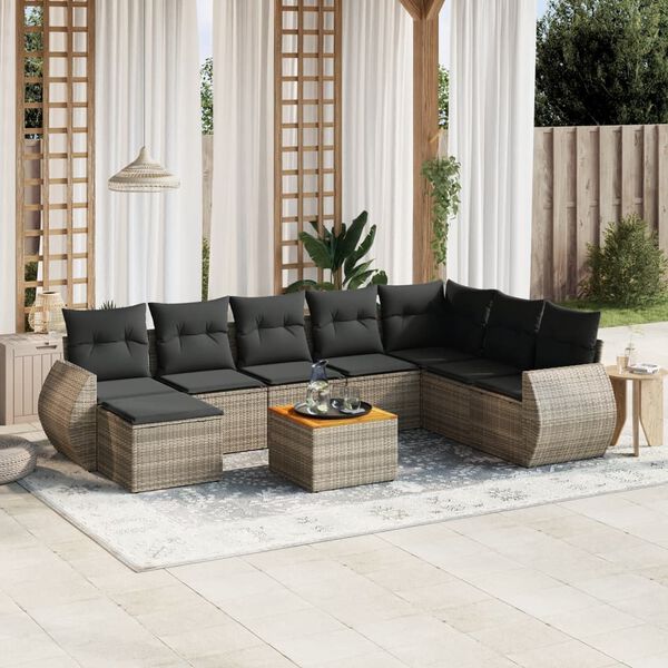 vidaXL Salon de jardin 9 pcs avec coussins gris résine tressée