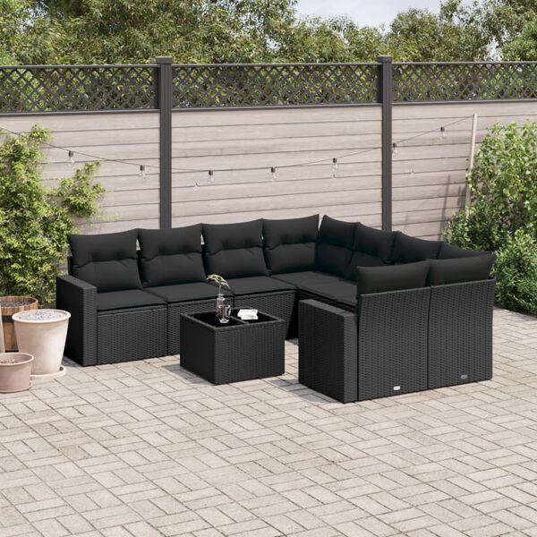 vidaXL Salon de jardin 9 pcs avec coussins noir r&eacute;sine tress&eacute;e