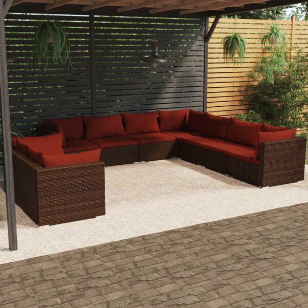 vidaXL Salon de jardin avec coussins 9 pcs marron résine tressée