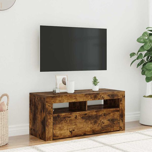 vidaXL Meuble TV avec lumières LED Chêne fumé 90x35x40 cm