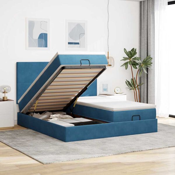 VidaXL Cadre de lit ottoman avec matelas bleu fonc&eacute; 160x200 cm velours