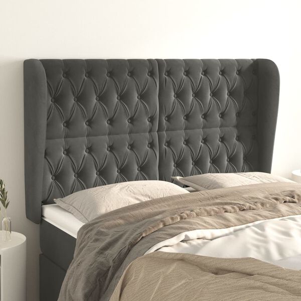 vidaXL T&ecirc;te de lit avec oreilles Gris fonc&eacute; 163x23x118/128 cm Velours
