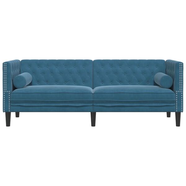 vidaXL Canapé Chesterfield avec traversins 3 places bleu velours