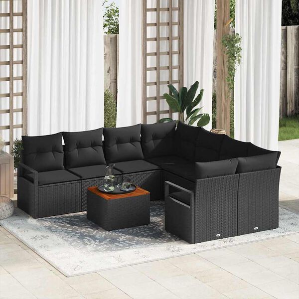 vidaXL Ensemble de canap&eacute; de jardin avec coussin 9 pcs Noir polyrotin
