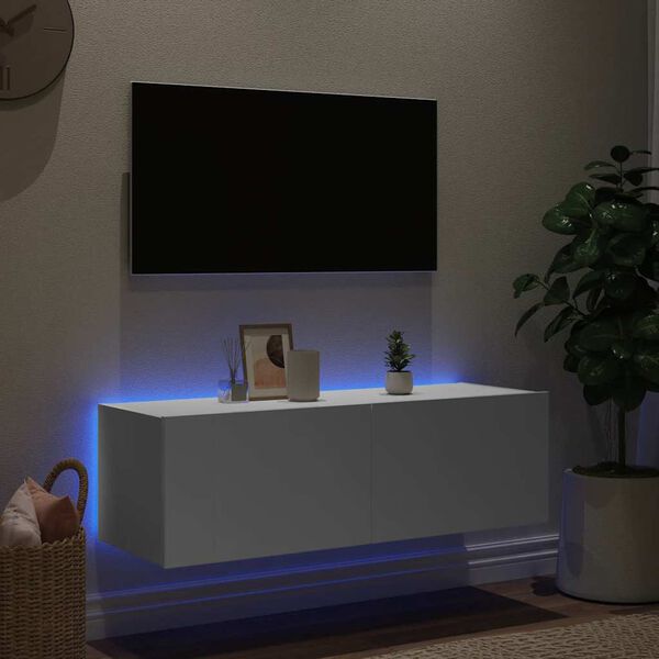 vidaXL Meuble TV mural avec lumi&egrave;res LED blanc 100x35x31 cm