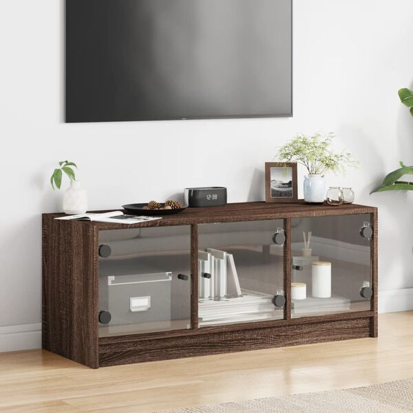 vidaXL Meuble TV avec portes en verre chêne marron 102x37x42 cm