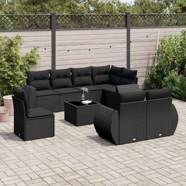 vidaXL Salon de jardin 9 pcs avec coussins noir r&eacute;sine tress&eacute;e