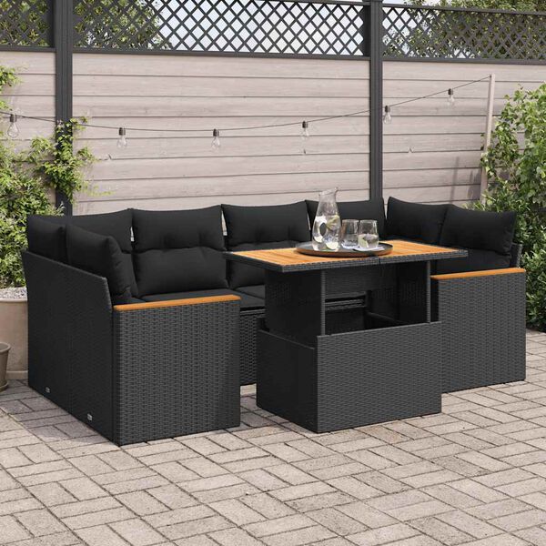 vidaXL Salon de jardin 6 pcs avec coussins noir r&eacute;sine tress&eacute;e acacia