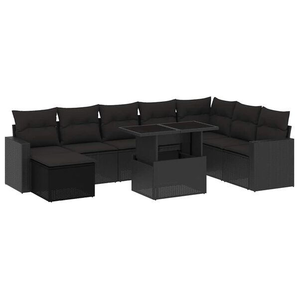 vidaXL Salon de jardin 9 pcs avec coussins noir r&eacute;sine tress&eacute;e