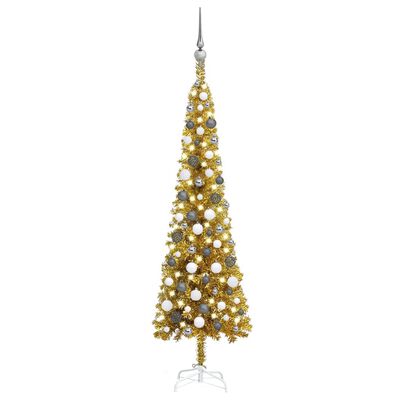 vidaXL Arbre de Noël mince pré-éclairé et boules doré 150 cm