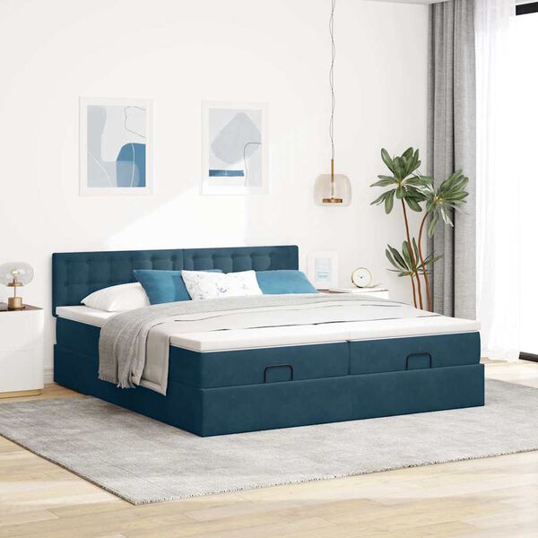VidaXL Cadre de lit ottoman avec matelas bleu fonc&eacute; 160x200 cm velours