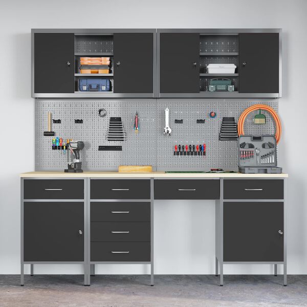 vidaXL Placard de travail 10 pcs Noir Bois d'ing&eacute;nierie et acier